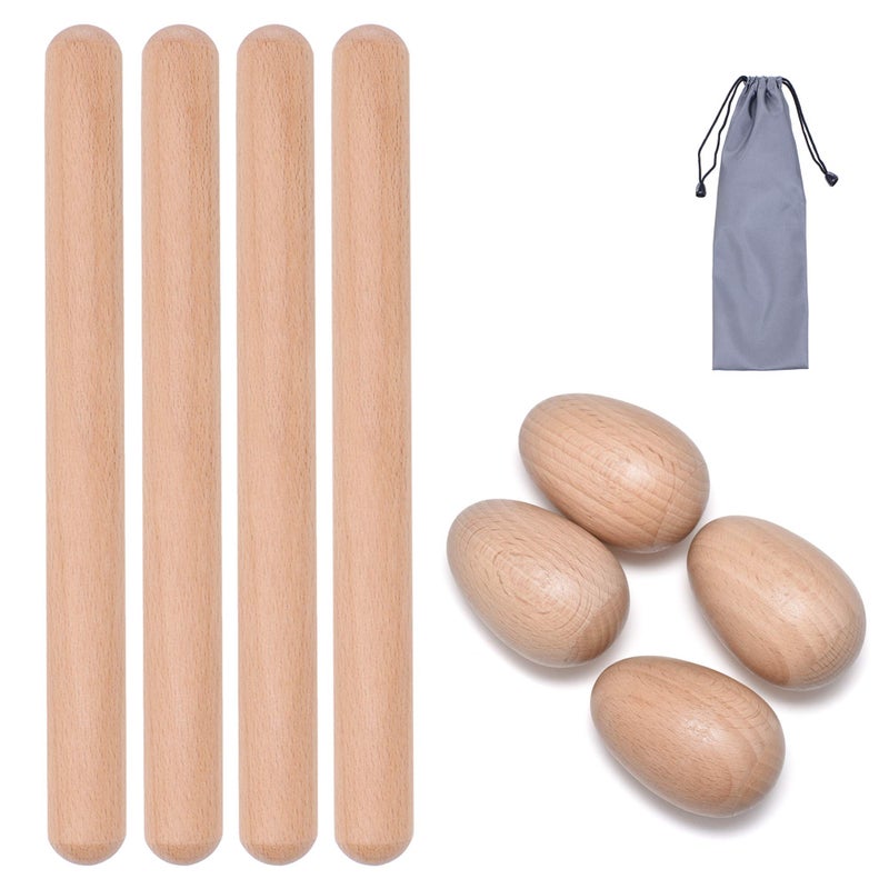 TDOCK 8 Pcs Musical Percussion Instrument Set, includes 4 Pcs 8 Inch Rhythm Sticks Wood Claves and 4 Pcs Wood Egg Shakers - Image 1